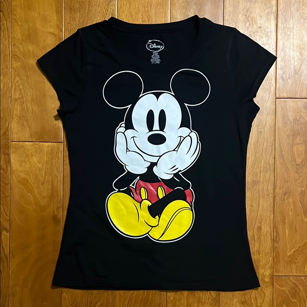 Disney Mickey Mouse Graphic Tee XL Black Cap Sleeve Fitted WDW Classic Shirt